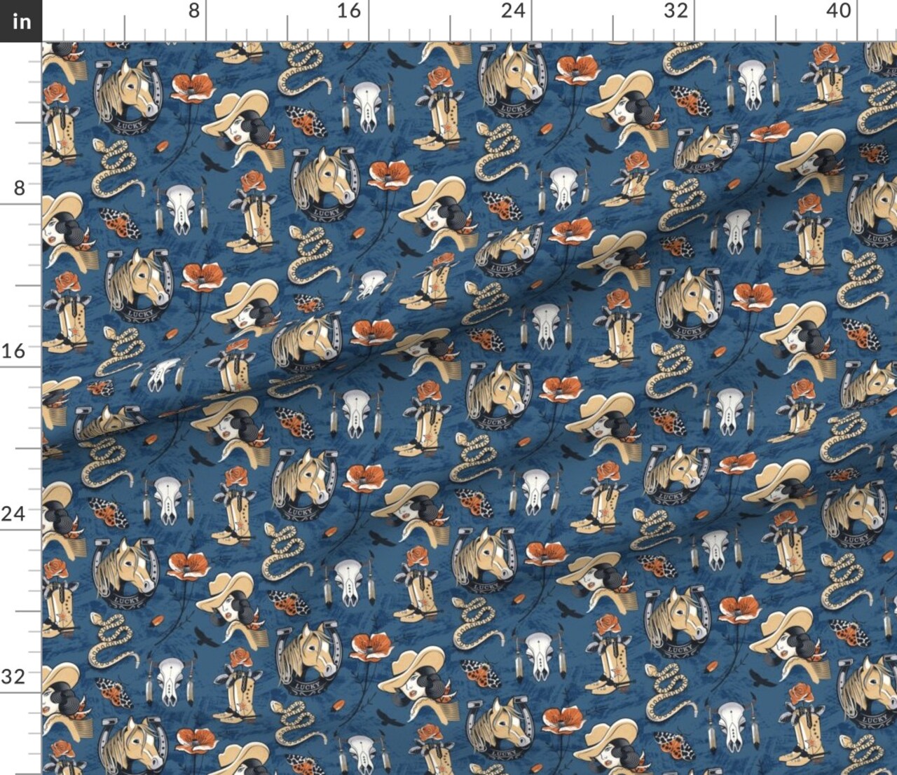 Western Flash Tattoo Cowgirl Horse Floral Snake Wild West Custom Printed Fabric by Spoonflower Various Fabrics by the Yard or Fat Quarter
